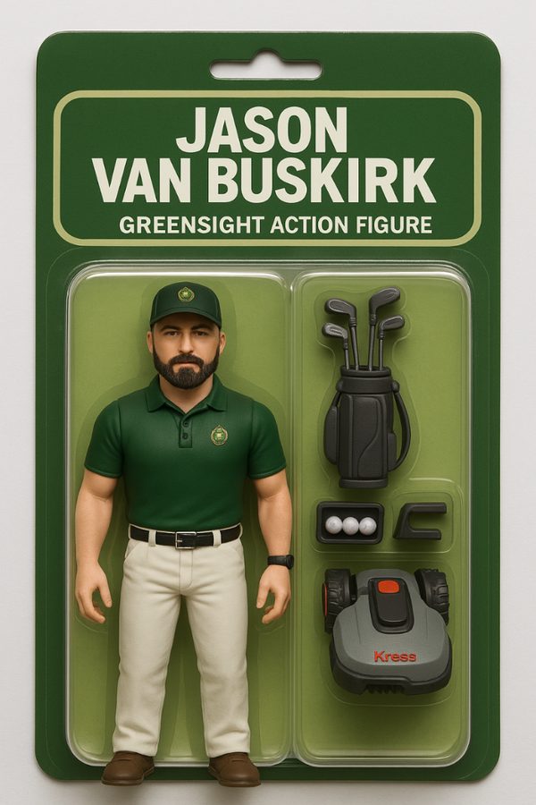 A playful toy-box image: the Jason VanBuskirk GreenSight Action Figure, with golf bag and Kress robot accessories