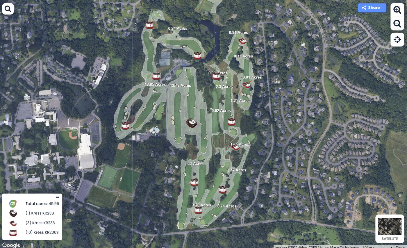 A sample GreenSight deployment map: satellite view of a course with robot zones and acreage marked